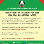KNEC Announces Recruitment of Assessors for 2026 KCSE Oral and Practical Examination Papers